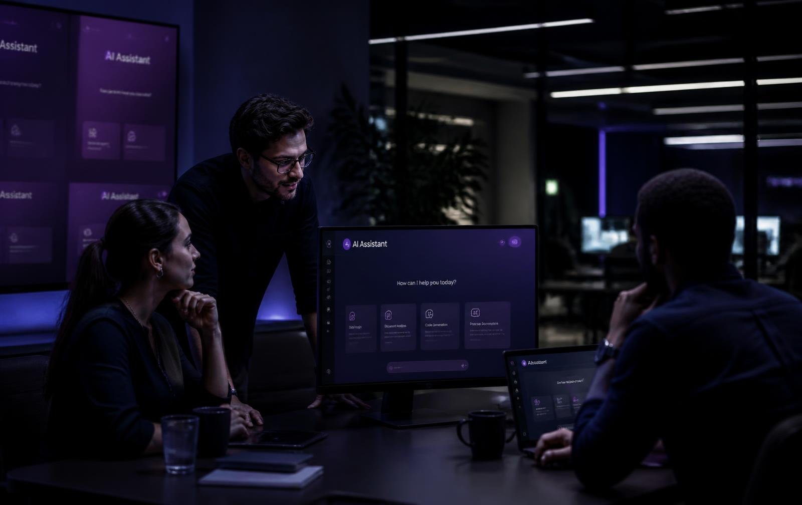 An executive reviewing an AI workspace interface in a dark office