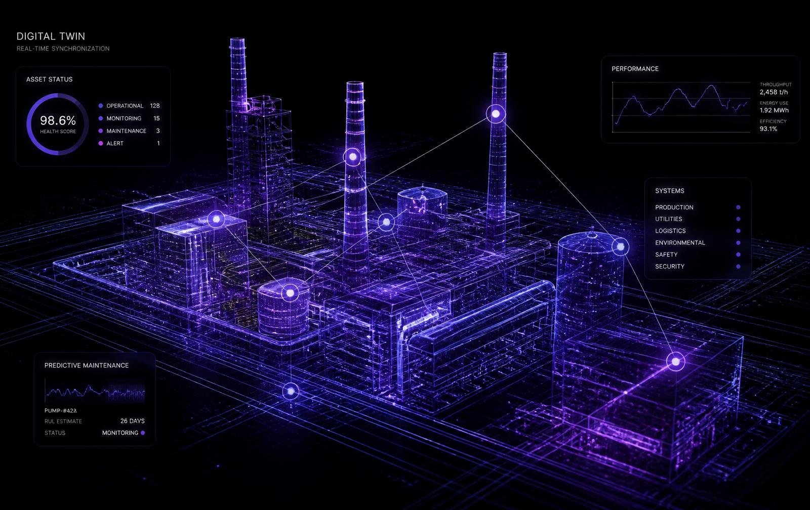 Digital twin visualisation of an industrial plant with live performance metrics