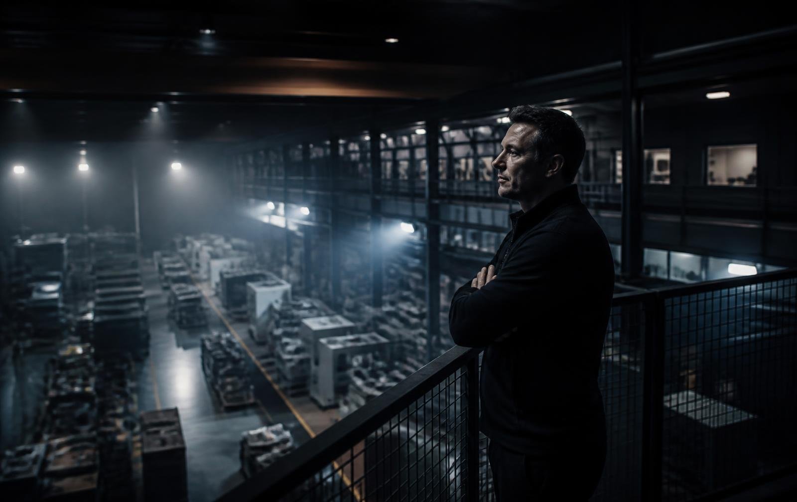 Founder looking over a manufacturing plant floor from a mezzanine