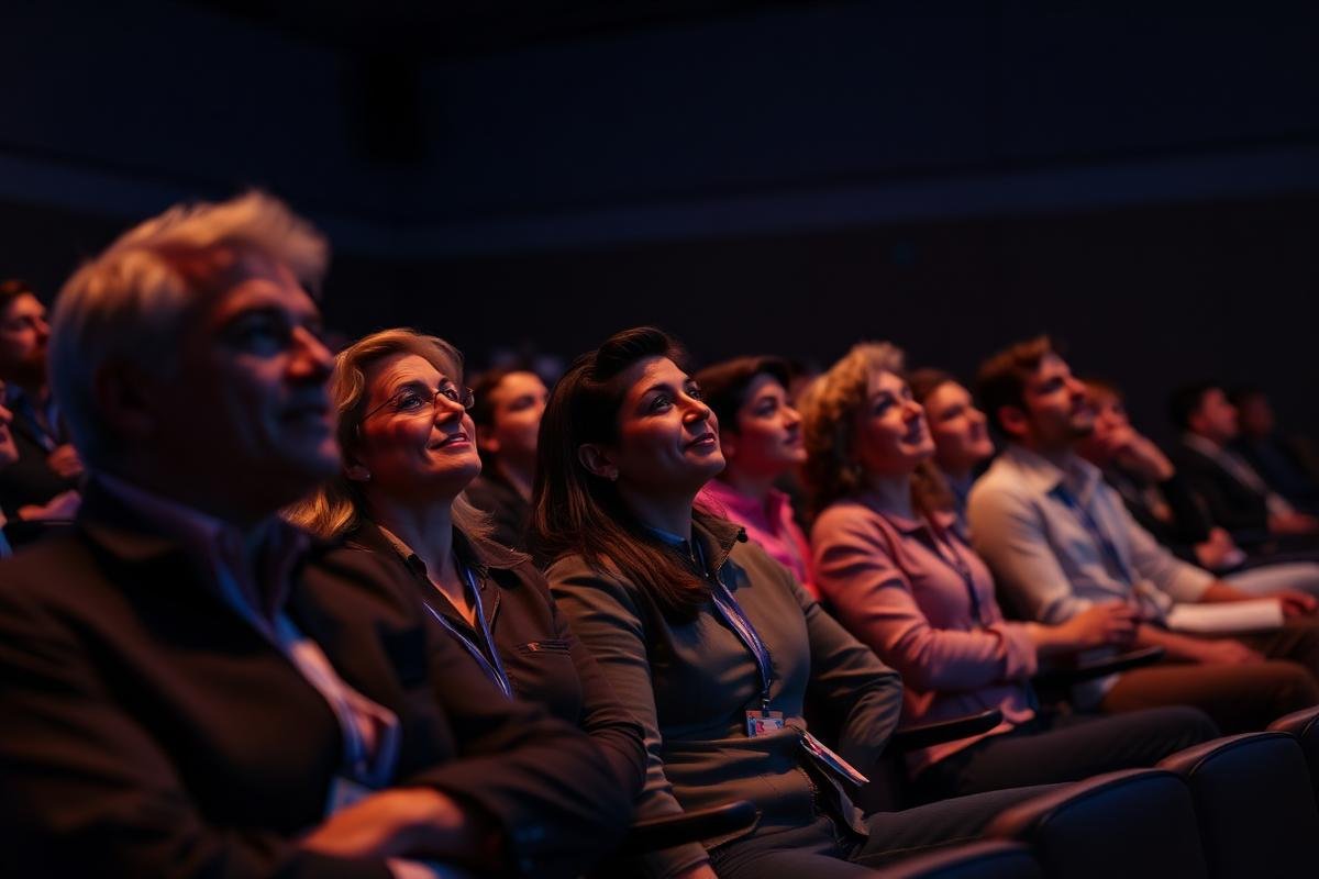 Business leaders in a darkened auditorium during an AI keynote