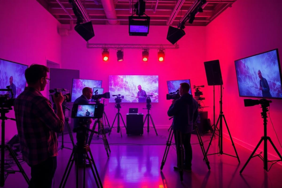 Creators and filmmakers collaborating in a modern production studio