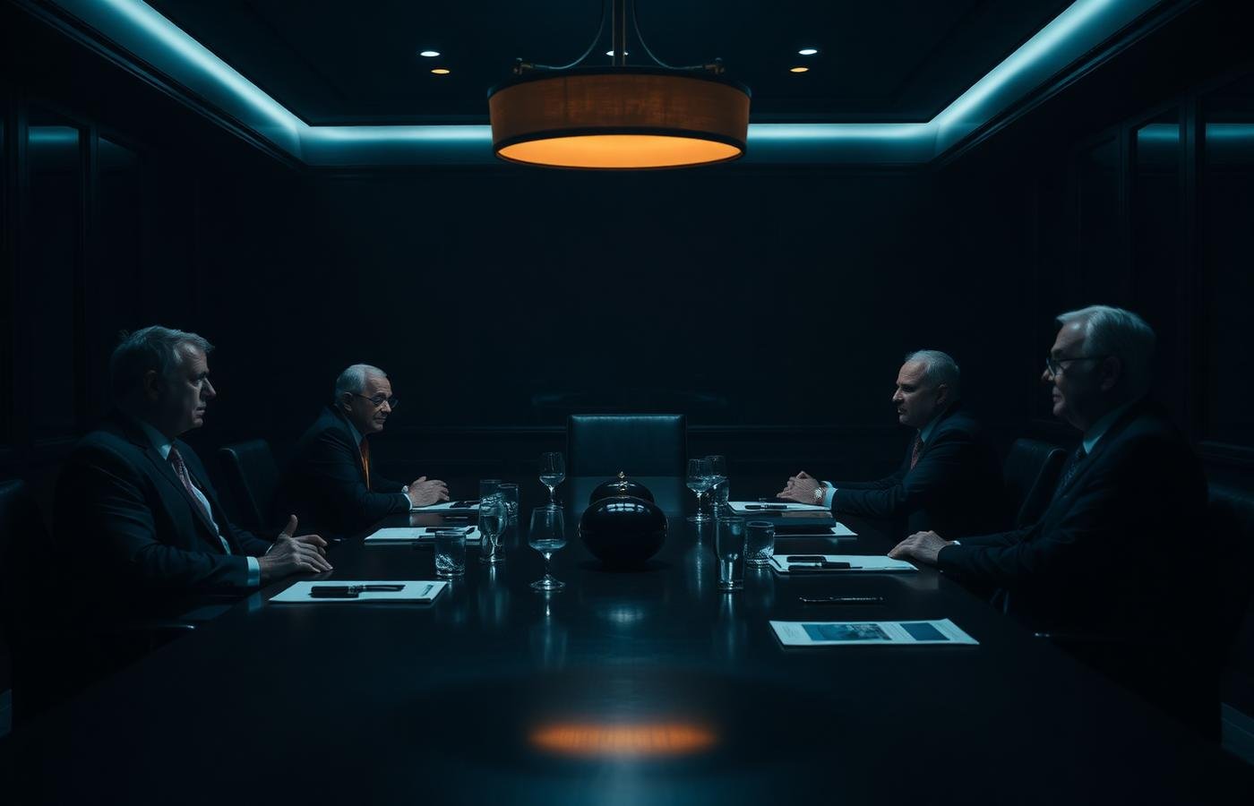 A private executive roundtable in a dark boardroom lit by a single warm lamp