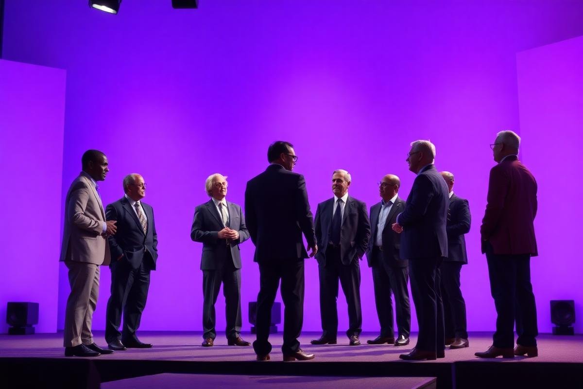 Senior executives in conversation on a minimalist summit stage