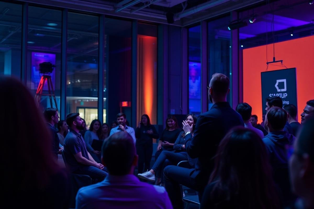 Founders presenting to an engaged audience in a modern glass venue