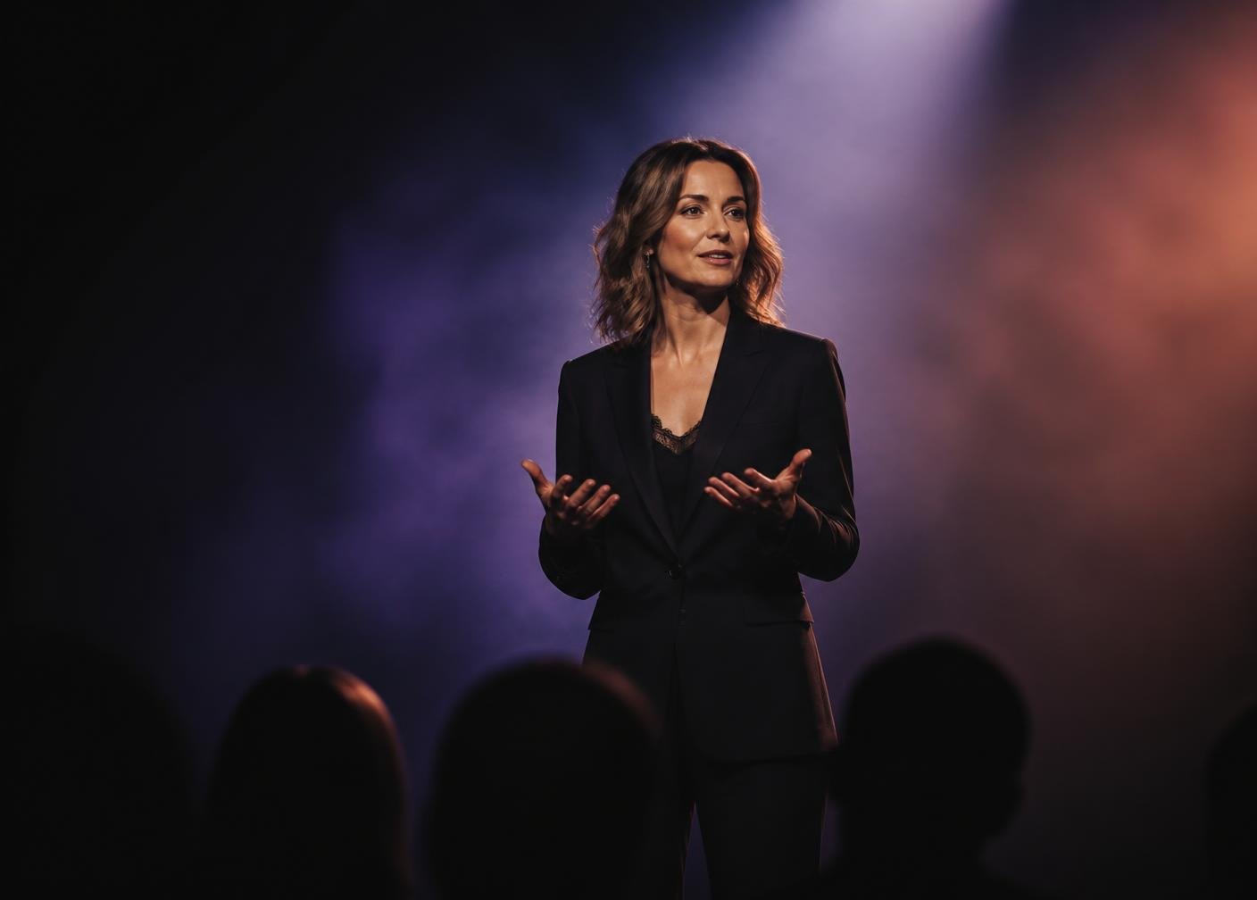 A leader speaking on stage under a single spotlight
