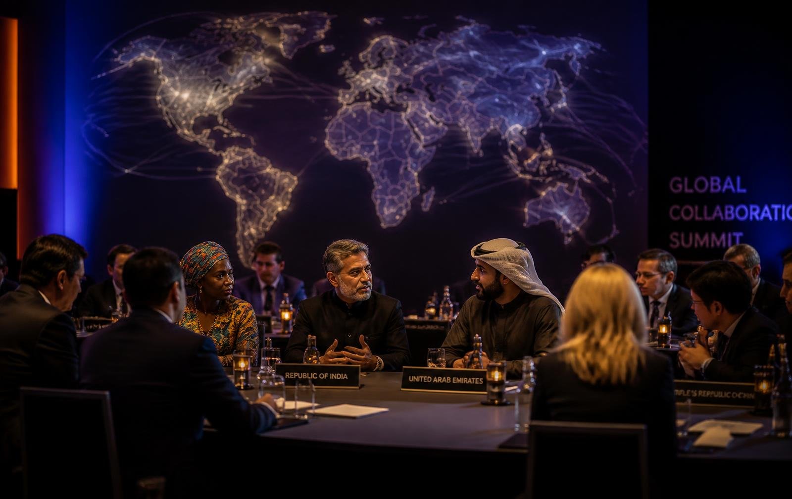 Leaders from multiple countries in conversation at a global collaboration summit