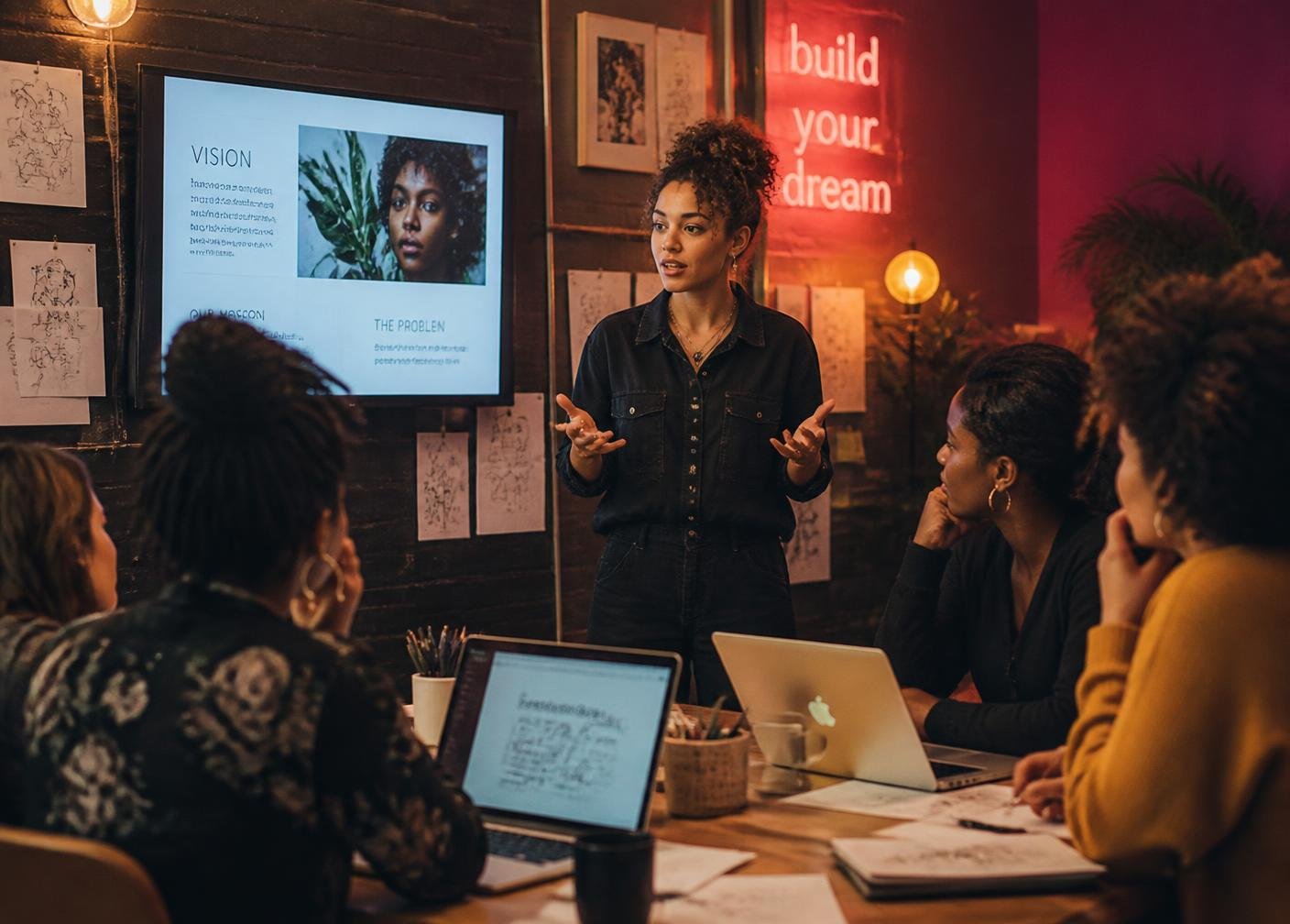 A founder presenting to a circle of peers in a community workshop