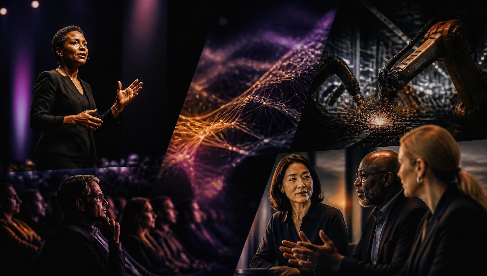 Editorial collage of a keynote speaker, an intelligence lattice, a manufacturing floor and leaders in conversation