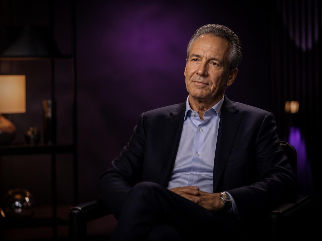 A chief executive seated in a dark studio interview set