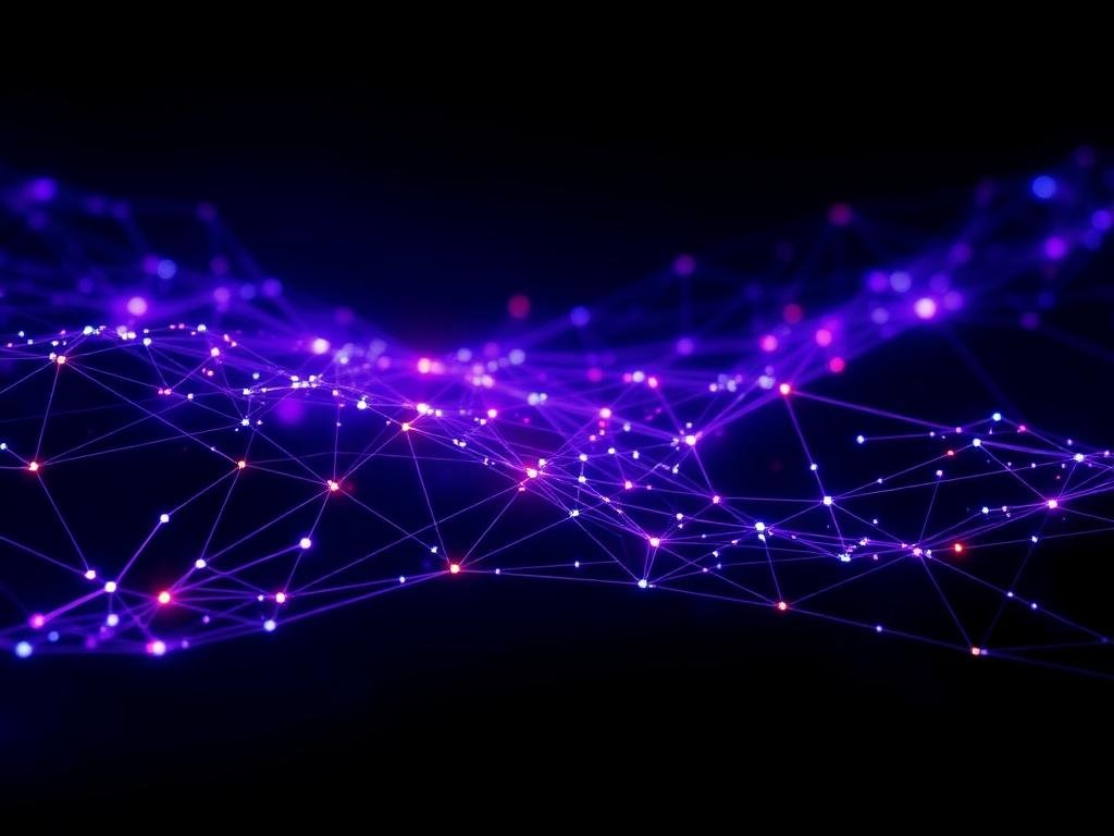 A lattice of violet nodes connected by fine filaments of light
