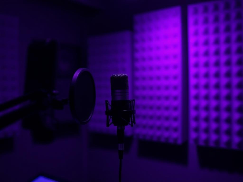 A studio microphone lit in deep violet
